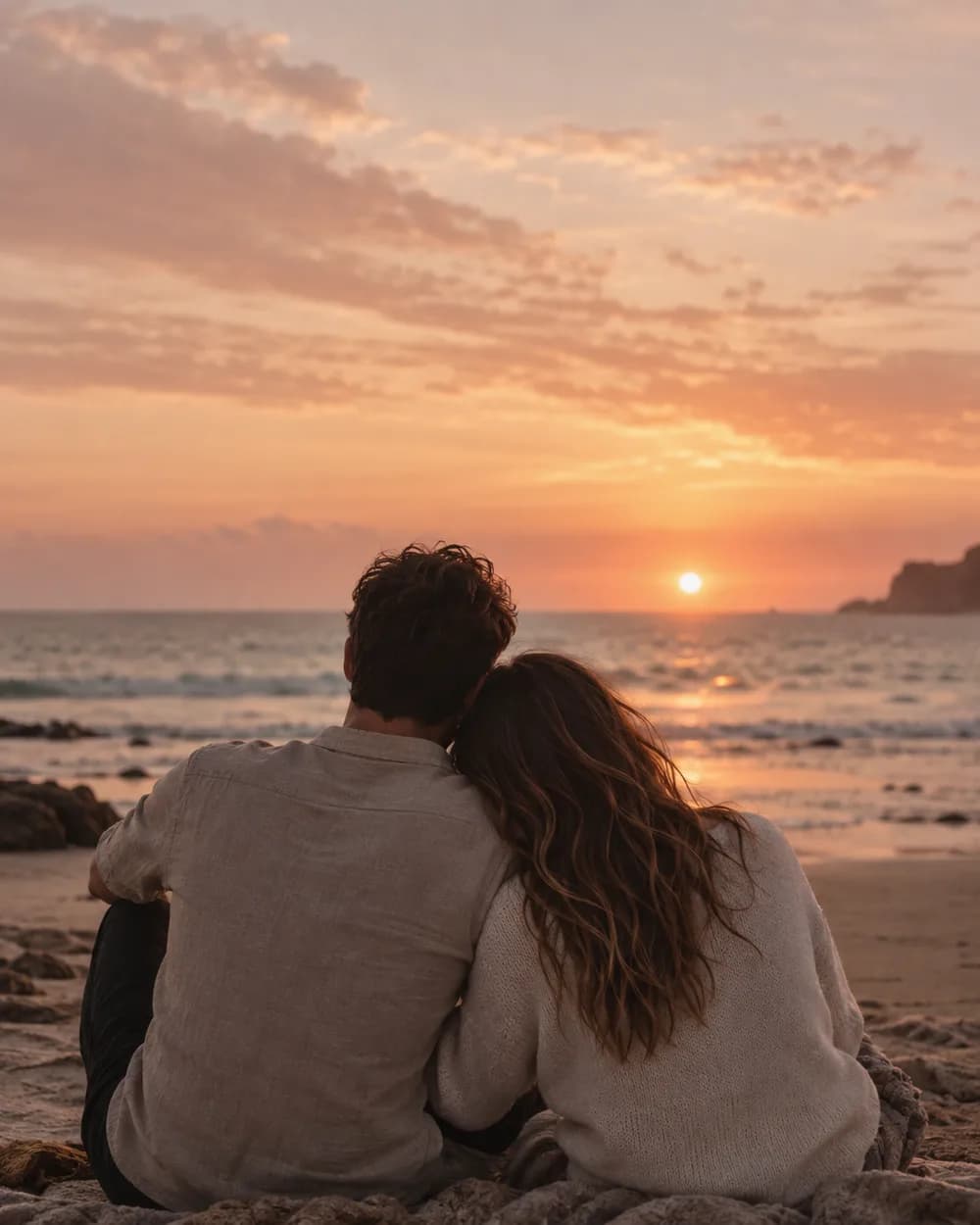 Pareja compartiendo un atardecer frente al mar