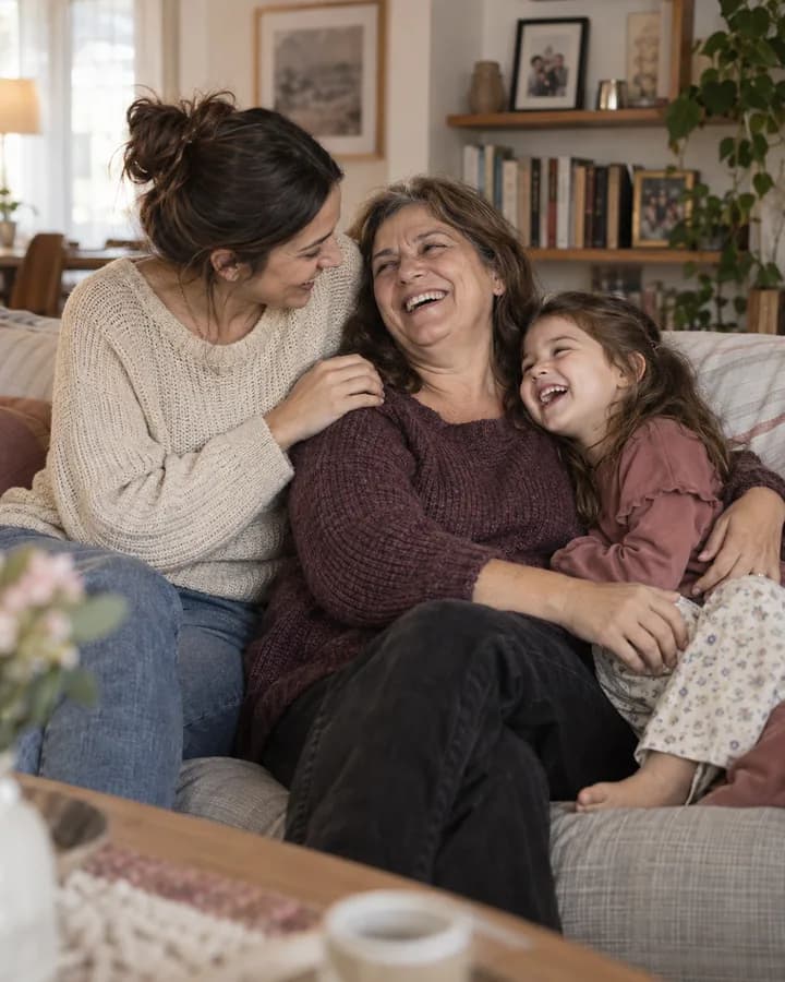 Tres generaciones abrazadas en casa