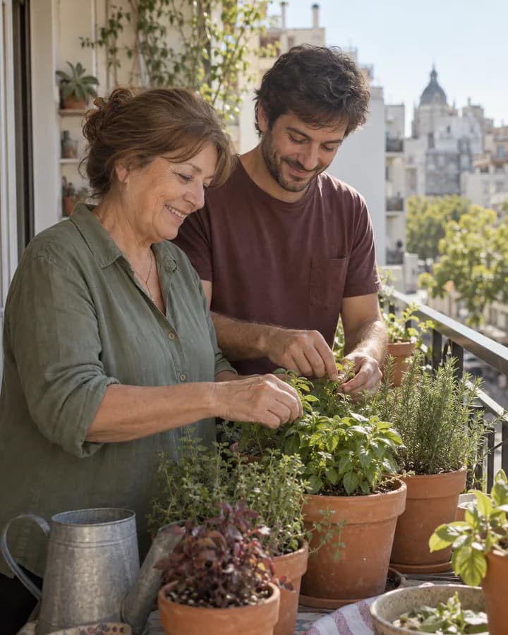 Madre e hijo compartiendo tiempo entre plantas